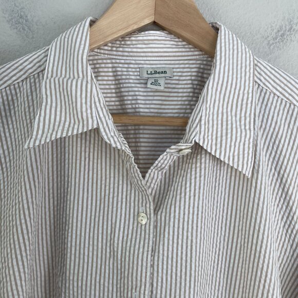 LL Bean Womens XL Seersucker Button Up Shirt Tan Striped 3/4 Sleeve Blouse - Picture 8 of 11